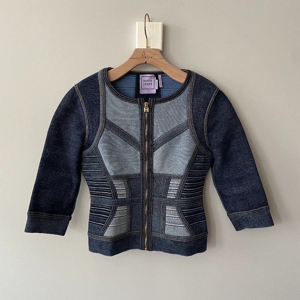 Herve Leger Patchwork Denim Jacket with Zipper Closure - Size S